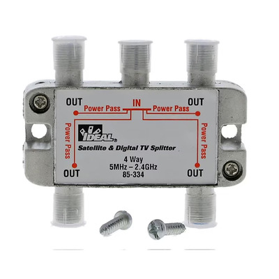 A brand new coaxial splitter with one input and four outputs, labeled as supporting up to 2.4Ghz